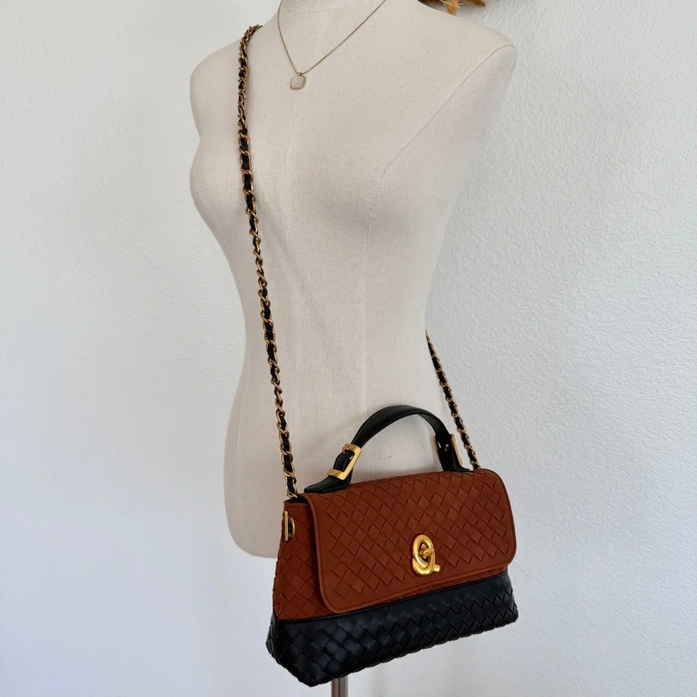 Brown Black Two-Tone Woven Leather Top Handle Crossbody Chain Strap Bag - Picture 2 of 14